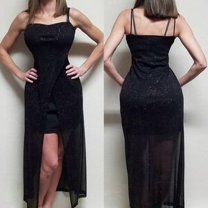 Vintage 90s Next Up Black Sheer Mesh Pink Curlicue Glitter Mini Hi-low Dress L